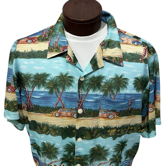 Vintage Ocean Current Hawaiian Shirt Mens XL Old Cars Palm Trees Beach Scene - Picture 2 of 8